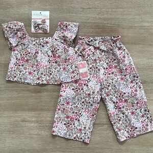 Btween Baby Girl Linen Blend Floral 3 Piece Top Pants Hair Bows 18 months